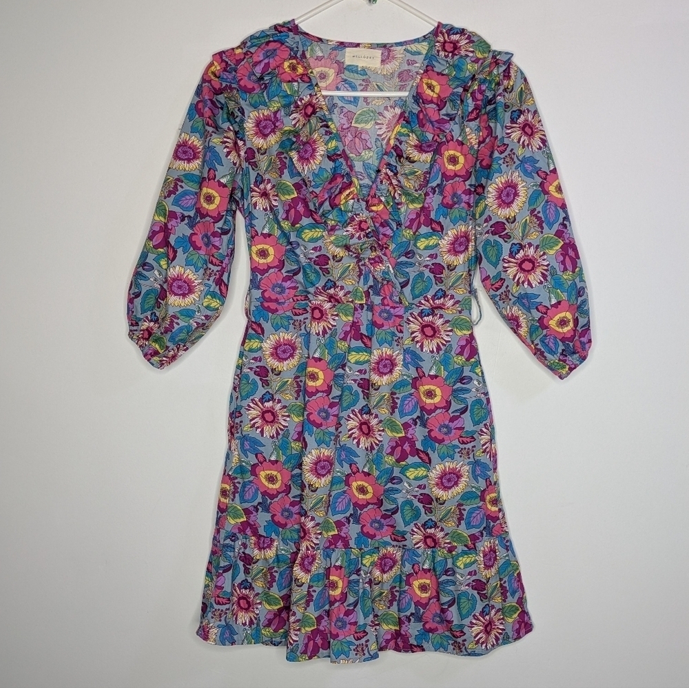 Melloday Pink Blue Floral V Neck Ruffle Dress S